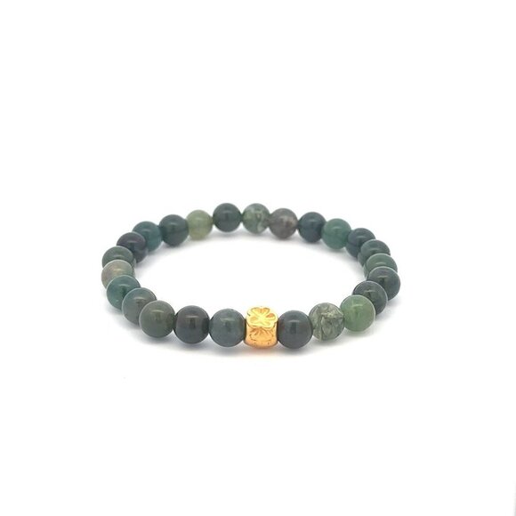 24K Yellow Gold Money Bag Lucky Bracelet Moss Agate Gemstones 6mm